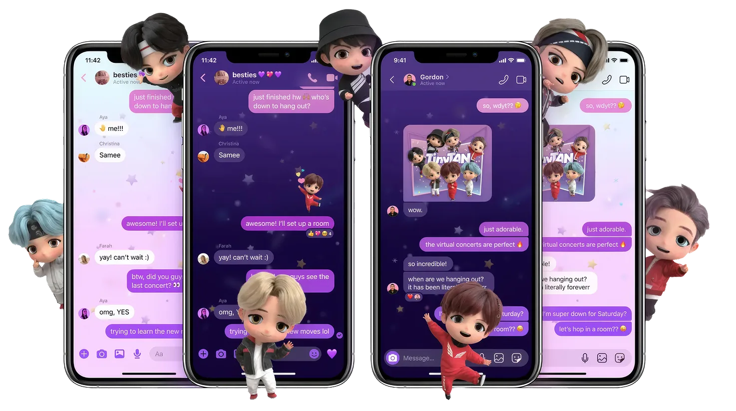 A BTS and TinyTAN chat theme, sticker pack, and AR filter with 3D avatar characters