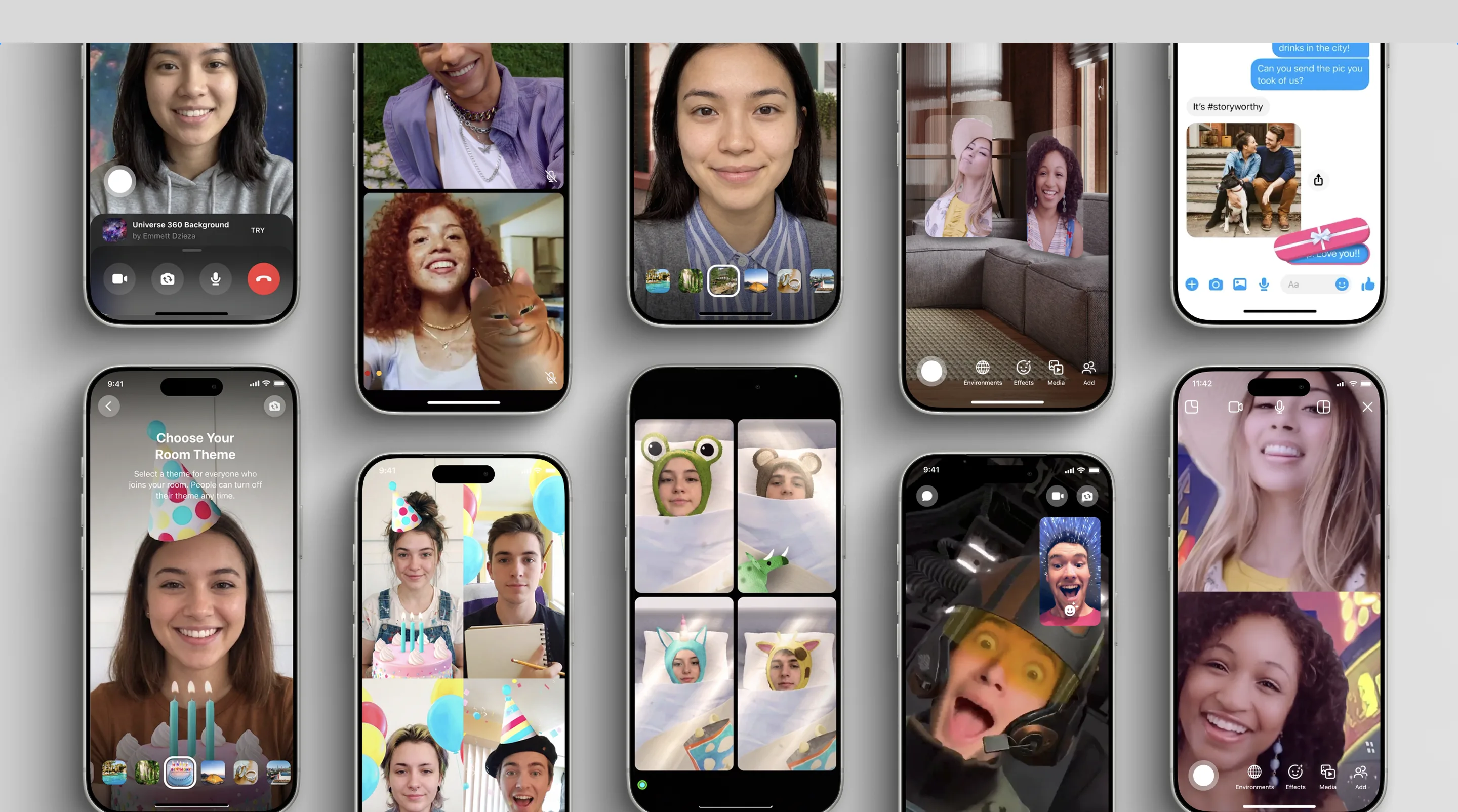 Messenger product-creative work — a collage of video calls, AR effects, and themed chats