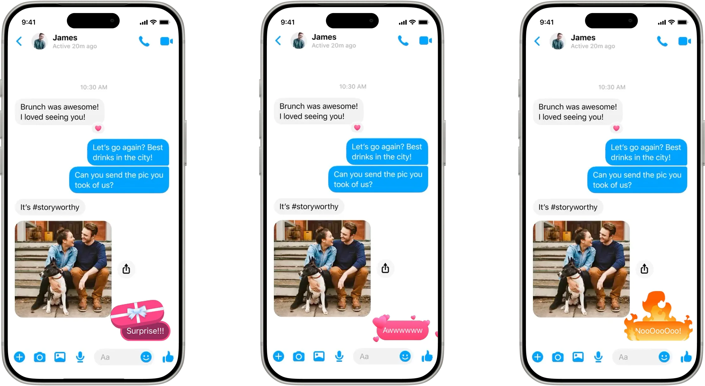 Chat threads with photo messages and power-up reactions