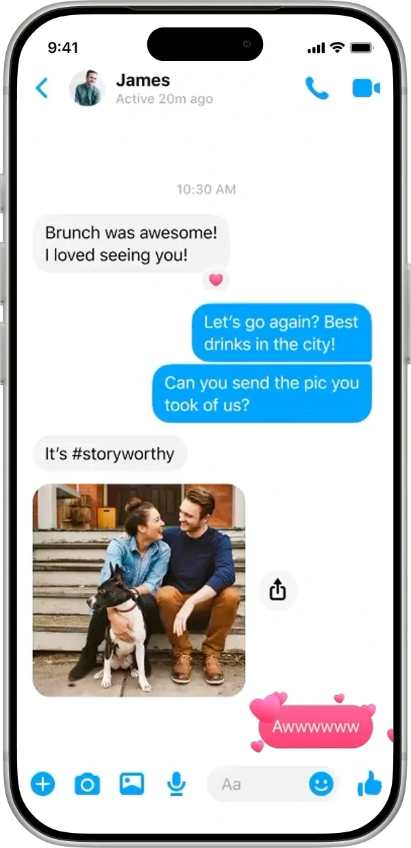 Chat thread with photo messages and power-up reactions (2 of 3)