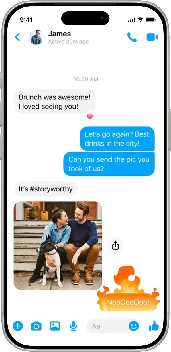 Chat thread with photo messages and power-up reactions (3 of 3)