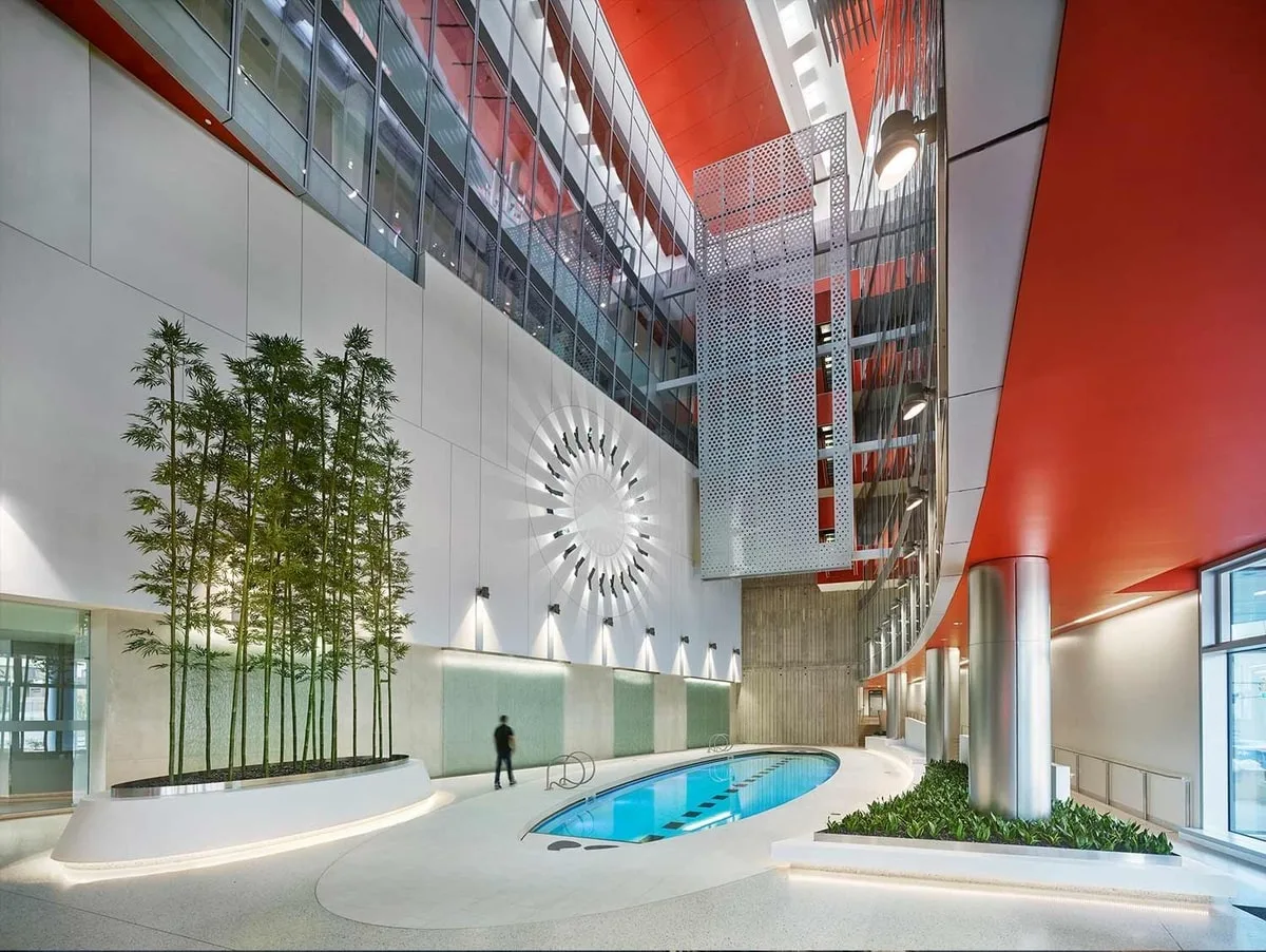 The kinetic light sculpture anchoring the atrium